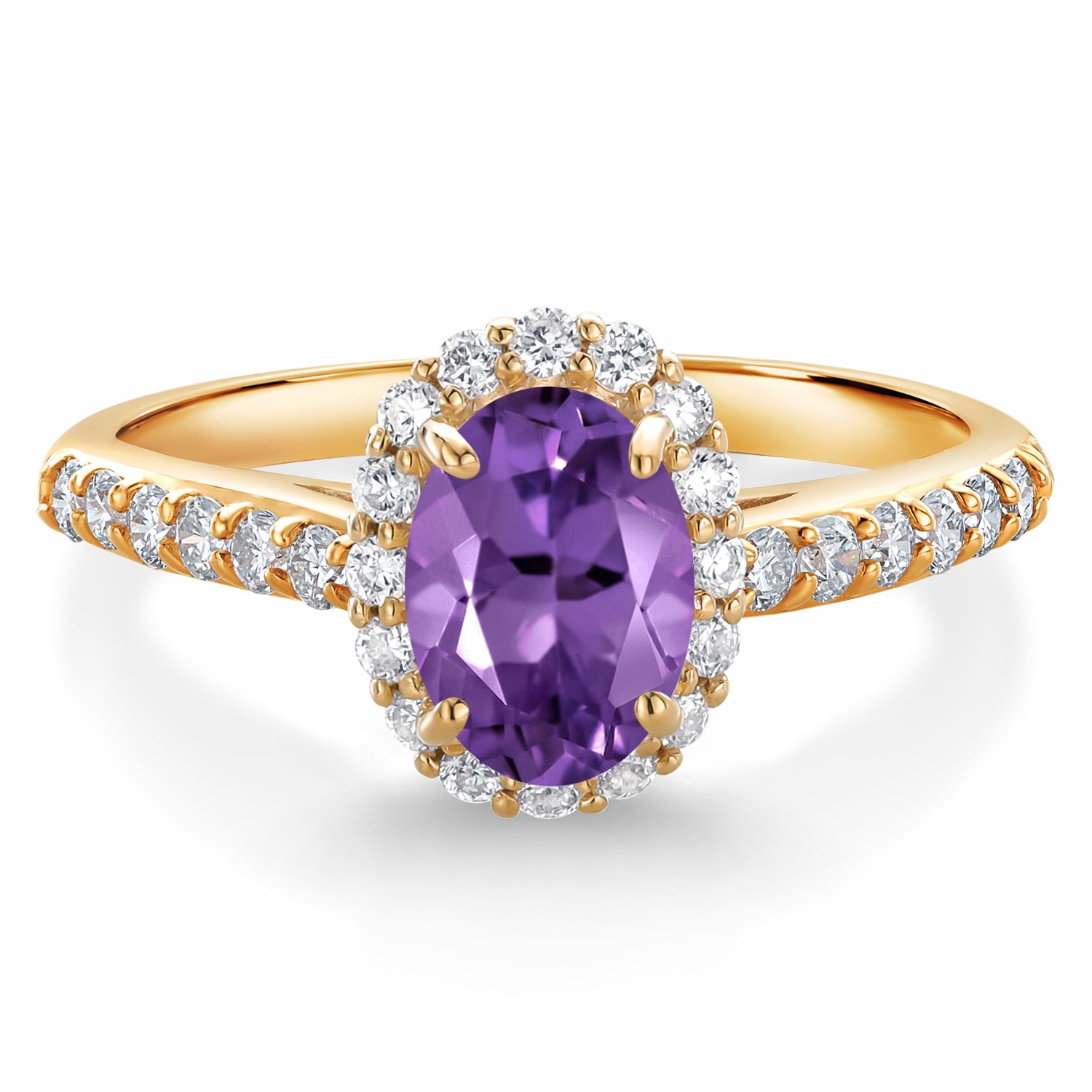 Gem Stone King 10K Yellow Gold Purple Amethyst and White Lab Grown Diamond Halo Engagement Ring for Women (1.06 Cttw, Gemstone February Birthstone, Oval 7X5MM)