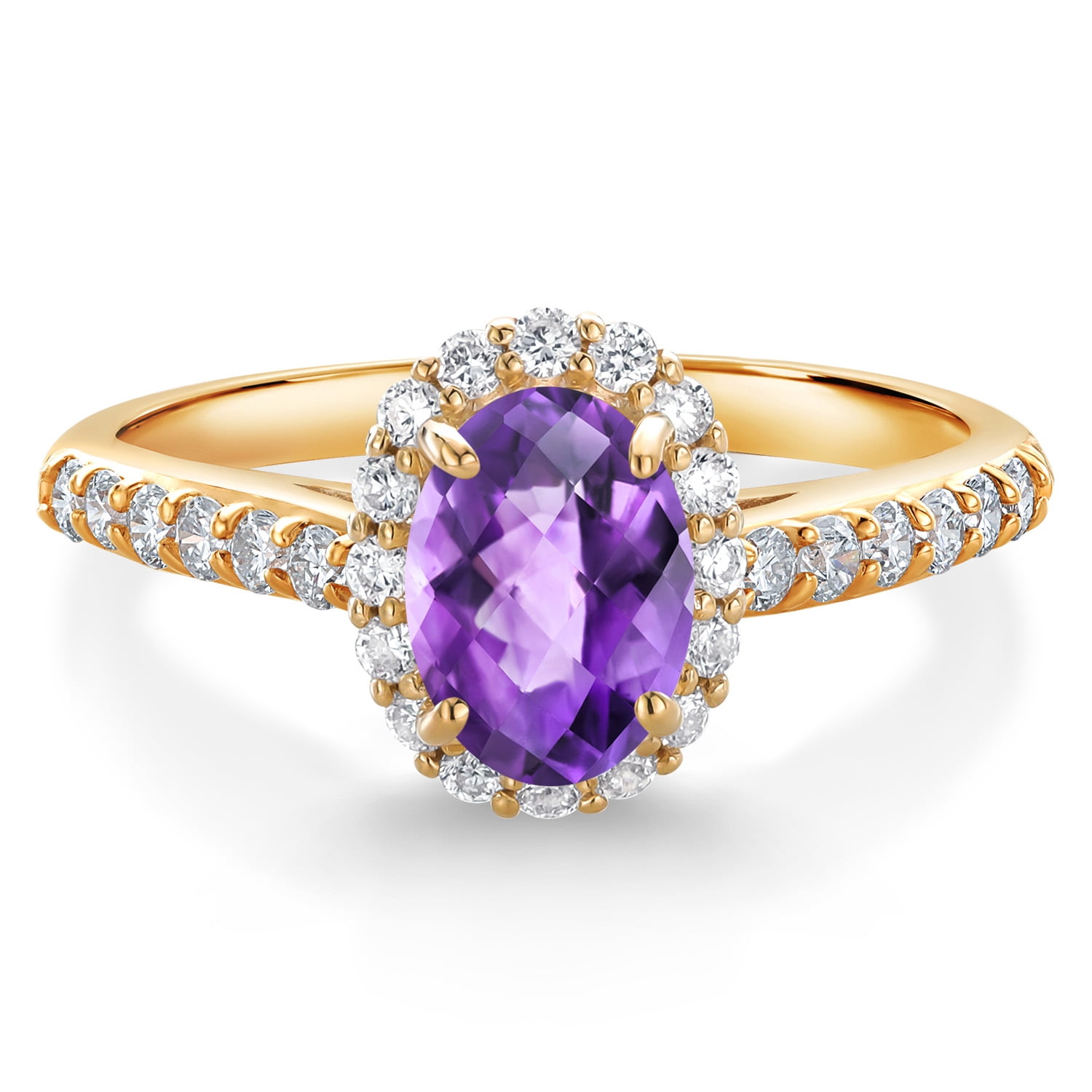 Gem Stone King 10K Yellow Gold Purple Amethyst and White Lab Grown Diamond Halo Engagement Ring for Women (1.06 Cttw, Gemstone February Birthstone, Oval Checkerboard 7X5MM)