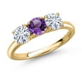 thumbnail image 1 of Gem Stone King 10K Yellow Gold Purple Amethyst and White Moissanite Engagement Ring for Women | 1.48 Cttw | Round 5MM | Gemstone February Birthstone | Size 6, 1 of 7