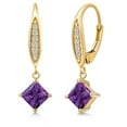 thumbnail image 1 of Gem Stone King 10K Yellow Gold Purple Amethyst and Lab Grown Diamond Earrings for Women | 1.39 Cttw | Gemstone February Birthstone | Princess 5MM, 1 of 6