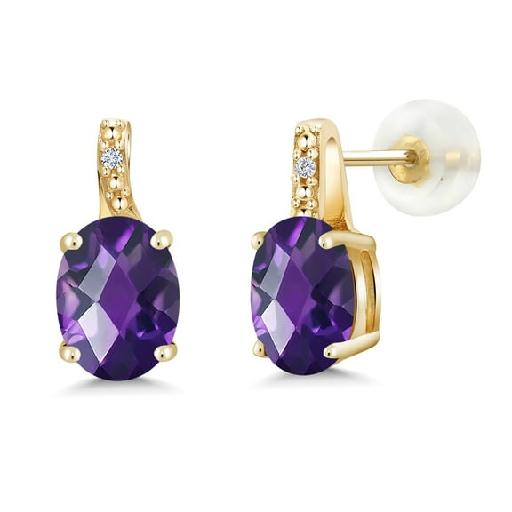 Gem Stone King 10K Yellow Gold Purple Amethyst and White Diamond Earrings for Women (2.01 Cttw, Gemstone Birthstone, Oval Checkerboard 8X6MM)