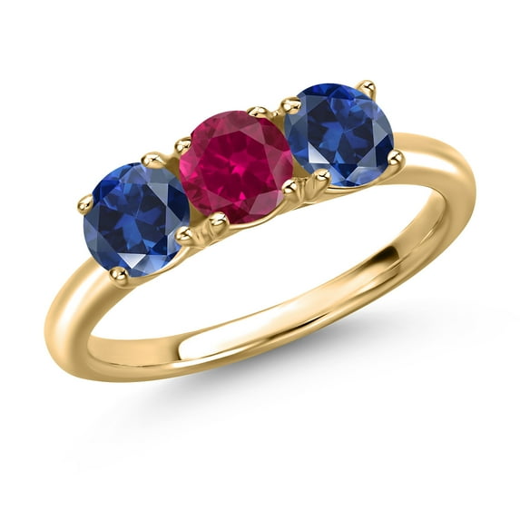 Gem Stone King 10K Yellow Gold Red Created Ruby and Blue Created Sapphire Engagement Ring for Women | 1.80 Cttw | Round 5MM | Gemstone July Birthstone | Size 5