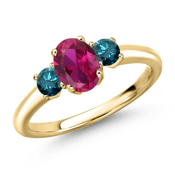 Gem Stone King 10K Yellow Gold Red Created Ruby and Blue Diamond Engagement Ring for Women | 1.15 Cttw | Oval 7X5MM | Gemstone July Birthstone | Size 5