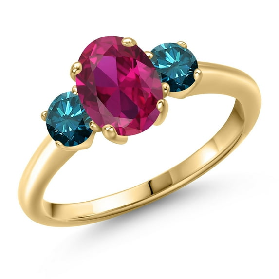Gem Stone King 10K Yellow Gold Red Created Ruby and Blue Diamond Engagement Ring for Women | 1.89 Cttw | Oval 8X6MM | Gemstone July Birthstone | Size 6