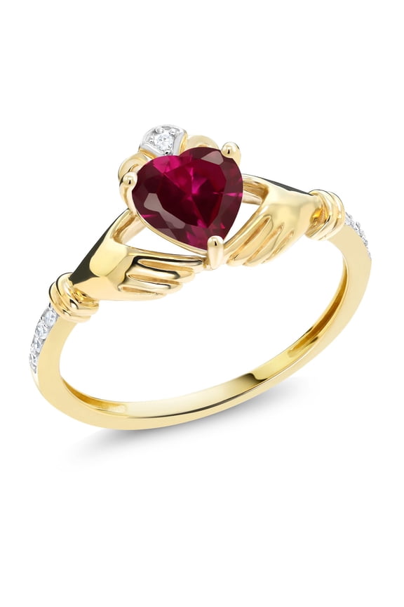 10K Yellow Gold Red Created Ruby and Diamond Accent Heart Shape Irish Celtic Claddagh Women Engagement Ring | 1.02 Cttw | Available in Size 5, 6, 7, 8, 9