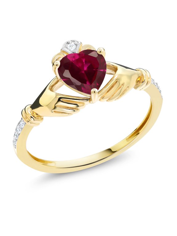 10K Yellow Gold Red Created Ruby and Diamond Accent Heart Shape Irish Celtic Claddagh Women Engagement Ring | 1.02 Cttw | Available in Size 5, 6, 7, 8, 9