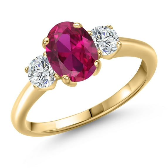 Gem Stone King 10K Yellow Gold Red Created Ruby and Lab Grown Diamond Engagement Ring for Women | 1.89 Cttw | Oval 8X6MM | Gemstone July Birthstone | Size 7