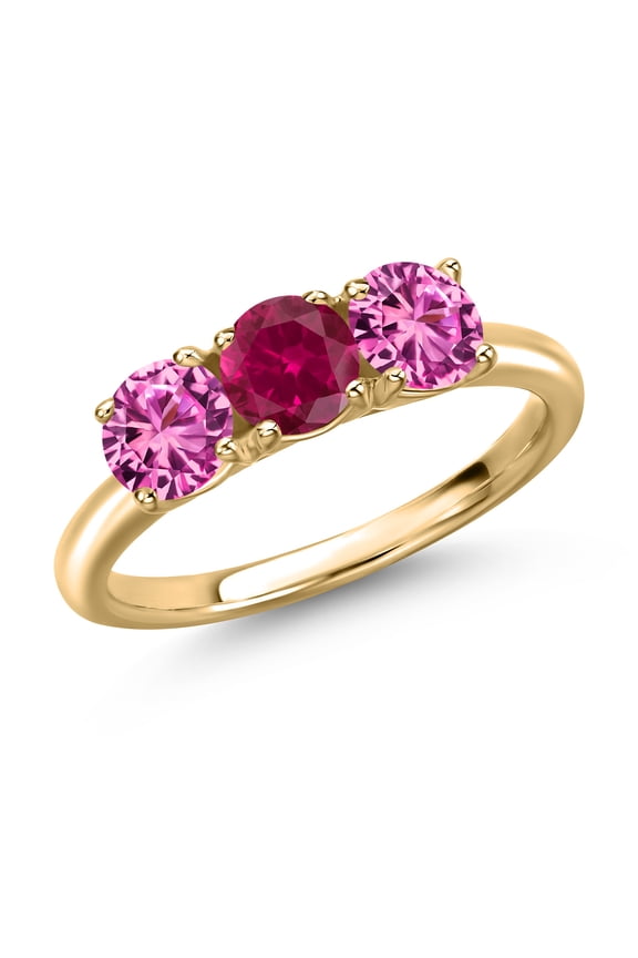 10K Yellow Gold Red Created Ruby and Pink Created Sapphire Engagement Ring for Women | 1.70 Cttw | Round 5MM | Gemstone July Birthstone | Size 9