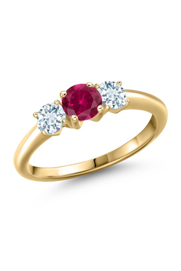 10K Yellow Gold Red Created Ruby and Sky Blue Aquamarine Engagement Ring for Women | 1.10 Cttw | Round 5MM | Gemstone July Birthstone | Size 6