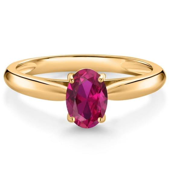 Gem Stone King 10K Yellow Gold Red Created Ruby Solitaire Engagement Ring for Women (0.85 Cttw, Oval 7X5MM, Gemstone July Birthstone, Available in Size 5, 6, 7, 8, 9)