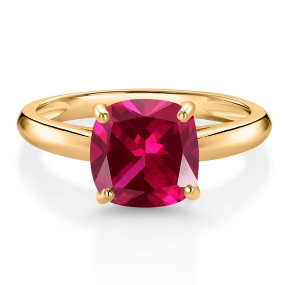 Gem Stone King 10K Yellow Gold Red Created Ruby Solitaire Engagement Ring for Women (2.50 Cttw, Cushion 8MM, Gemstone July Birthstone, Available in Size 5, 6, 7, 8, 9)
