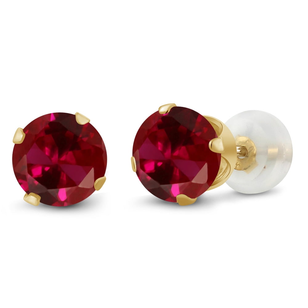Gem Stone King 10K Yellow Gold Red Created Ruby Stud Earrings for Women Men | 2.00 Cttw | Round 6MM | Fine Jewelry Gifts for Her Mom Women Wife