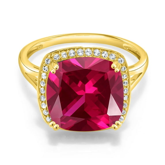 Gem Stone King 10K Yellow Gold Red Created Ruby and White Created Sapphire Halo Engagement Ring for Women (8.27 Cttw, Cushion 12MM, Gemstone July Birthstone, Size 5 to 9)