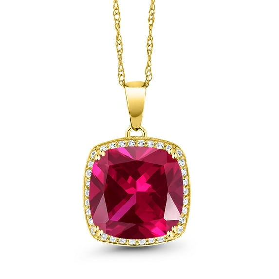 Gem Stone King 10K Yellow Gold Red Created Ruby and White Created Sapphire Pendant Necklace for Women (8.27 Cttw, Gemstone July Birthstone, Cushion Cut 12MM, with 18 inch Chain)