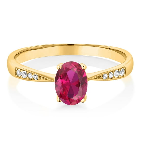 Gem Stone King 10K Yellow Gold Red Created Ruby and White Diamond Engagement Ring for Women (1.06 Cttw, Gemstone July Birthstone, Oval 7X5MM, Available in Size 5, 6, 7, 8, 9)