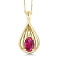 thumbnail image 1 of Gem Stone King 10K Yellow Gold Red Created Ruby and White Diamond Teardrop Pendant Necklace for Women (0.50 Cttw, Gemstone July Birthstone, Oval 6X4MM, with 18 inch Chain), 1 of 4