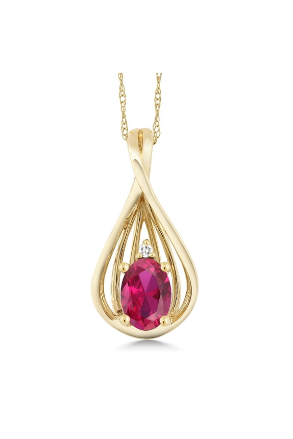 10K Yellow Gold Red Created Ruby and White Diamond Teardrop Pendant Necklace for Women (0.50 Cttw, Gemstone July Birthstone, Oval 6X4MM, with 18 inch Chain)