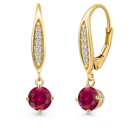 Gem Stone King 10K Yellow Gold Red Created Ruby and Lab Grown Diamond Dangle Earrings for Women | 0.90 Cttw | Gemstone July Birthstone | Round 4.5MM