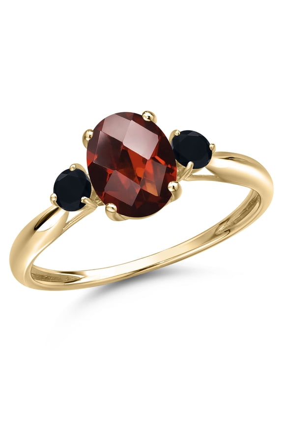 10K Yellow Gold Red Garnet and Black Onyx 3-Stone Ring for Women | 1.73 Cttw | Oval Checkerboard 8X6MM | Gemstone January Birthstone | Size 8