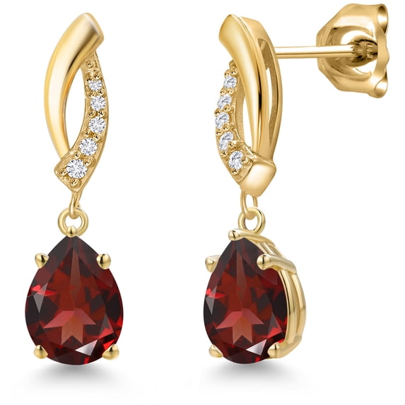 Gem Stone King 10K Yellow Gold Red Garnet and Lab Grown Diamond Stud Dangle Earrings for Women | 2.67 Cttw | Gemstone January Birthstone | Pear Shape 8X6MM