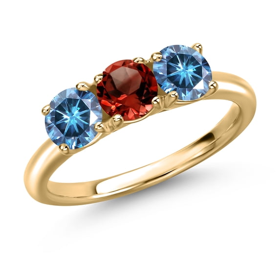 Gem Stone King 10K Yellow Gold Red Garnet and Persian Blue Moissanite Engagement Ring for Women | 1.55 Cttw | Round 5MM | Gemstone January Birthstone | Size 5
