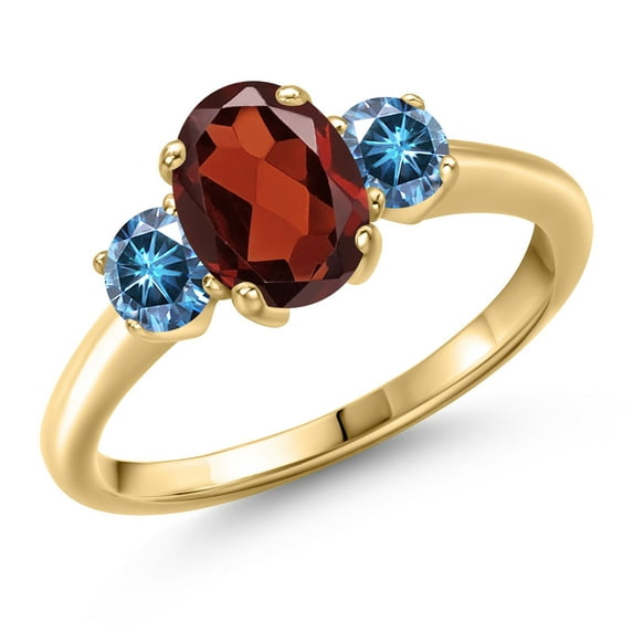 Gem Stone King 10K Yellow Gold Red Garnet and Persian Blue Moissanite Engagement Ring for Women | 1.96 Cttw | Oval 8X6MM | Gemstone January Birthstone | Size 5