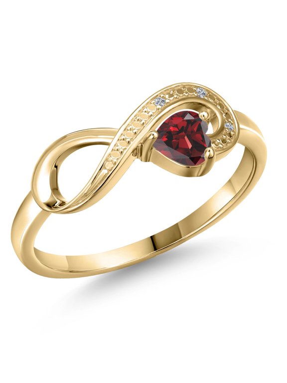 10K Yellow Gold Red Garnet and White Diamond Accent Infinity Ring for Women (0.33 Cttw, Heart Shape 4MM, Gemstone January Birthstone, Size 7)