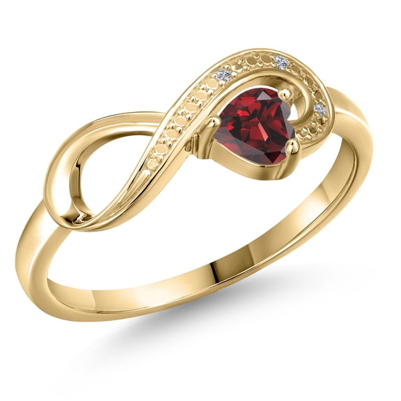 Gem Stone King 10K Yellow Gold Red Garnet and White Diamond Accent Infinity Ring for Women (0.33 Cttw, Heart Shape 4MM, Gemstone January Birthstone, Size 9)