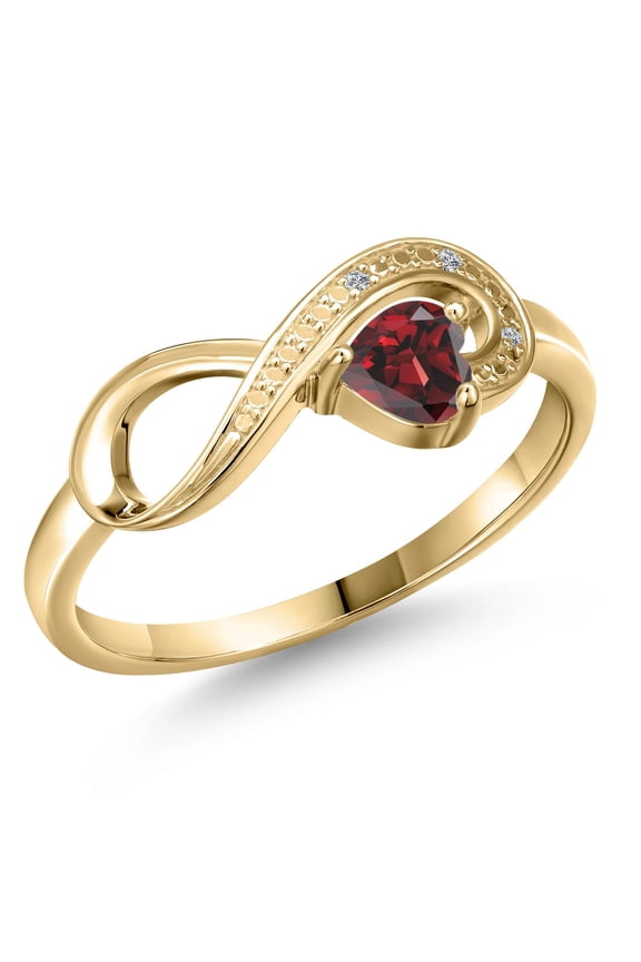 10K Yellow Gold Red Garnet and White Diamond Accent Infinity Ring for Women (0.33 Cttw, Heart Shape 4MM, Gemstone January Birthstone, Size 9)