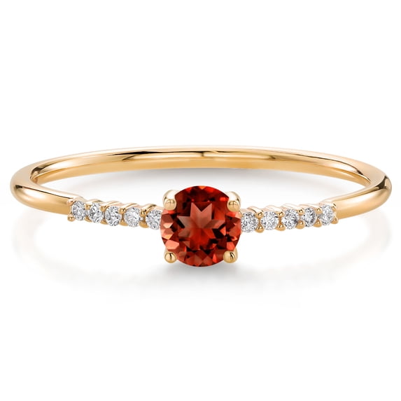Gem Stone King 10K Yellow Gold Red Garnet and White Lab Grown Diamond Engagement Ring for Women (0.42 Cttw, Round 4MM, Gemstone January Birthstone, Size 6)