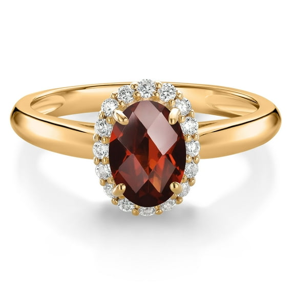Gem Stone King 10K Yellow Gold Red Garnet and White Lab Grown Diamond Halo Engagement Ring for Women (1.13 Cttw, Gemstone January Birthstone, Oval Checkerboard 7X5MM, Size 8)