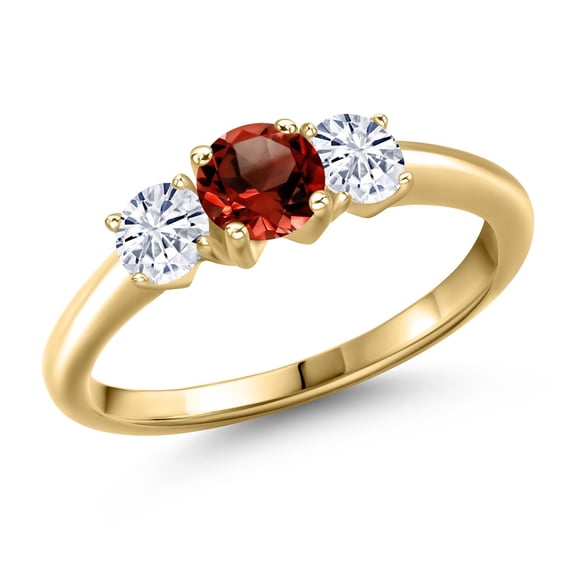 Gem Stone King 10K Yellow Gold Red Garnet and White Moissanite Engagement Ring for Women | 1.01 Cttw | Round 5MM | Gemstone January Birthstone | Size 9