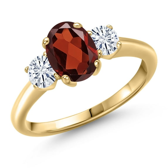 Gem Stone King 10K Yellow Gold Red Garnet and White Moissanite Engagement Ring for Women | 1.96 Cttw | Oval 8X6MM | Gemstone January Birthstone | Size 8
