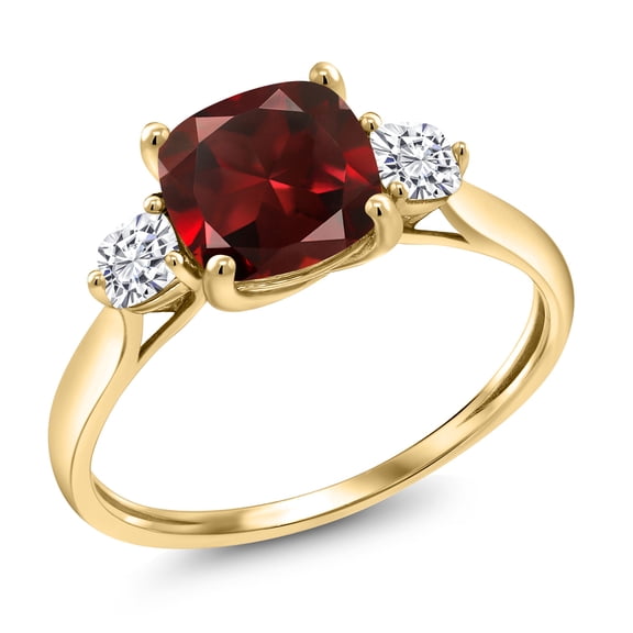 Gem Stone King 10K Yellow Gold Red Garnet and White Moissanite Engagement Ring for Women | 2.11 Cttw | Cushion 7MM | Gemstone January Birthstone | Size 6