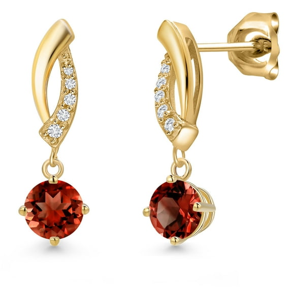 Gem Stone King 10K Yellow Gold Red Garnet and Lab Grown Diamond Stud Dangle Earrings for Women | 1.15 Cttw | Gemstone January Birthstone | Round 5MM