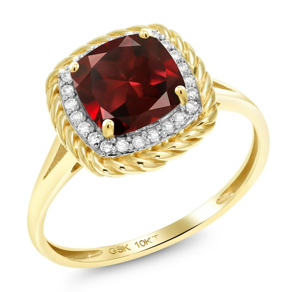 Gem Stone King 10K Yellow Gold Red Garnet and White Diamond Women Engagement Ring (2.02 Cttw, Cushion Cut 7MM, Available in Size 5, 6, 7, 8, 9)