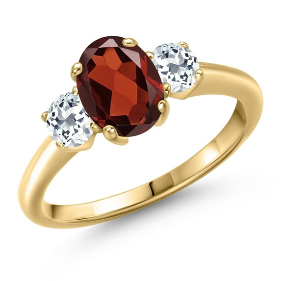 Gem Stone King 10K Yellow Gold Red Garnet and White Topaz Engagement Ring for Women | 2.16 Cttw | Oval 8X6MM | Gemstone January Birthstone | Size 5
