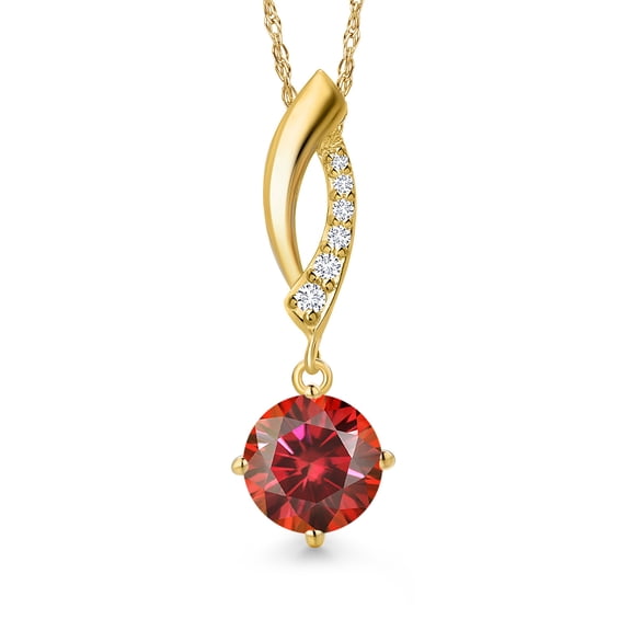 Gem Stone King 10K Yellow Gold Red Moissanite and Lab Grown Diamond Pendant Necklace for Women | 1.03 Cttw | Gemstone Birthstone | Round 6.5MM | With 18 inch Chain
