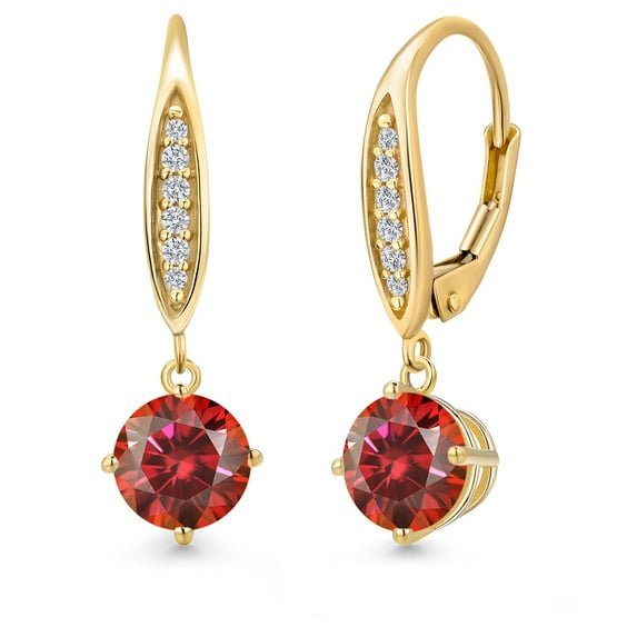 Gem Stone King 10K Yellow Gold Red Moissanite and Lab Grown Diamond Earrings for Women | 2.12 Cttw | Gemstone Birthstone | Round 6.5MM
