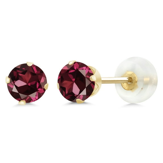Gem Stone King 10K Yellow Gold Red Rhodolite Garnet 4-prong Stud Earrings for Women Men (1.28 Cttw, Gemstone Birthstone, Round 5MM)