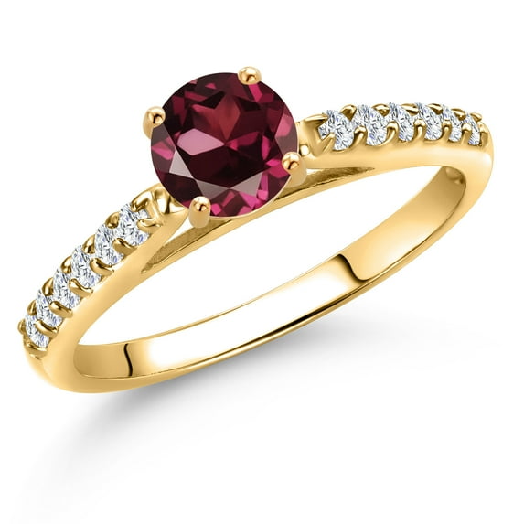 Gem Stone King 10K Yellow Gold Red Rhodolite Garnet and Lab Grown Diamond Engagement Ring for Women | 0.78 Cttw | Round 5MM | Gemstone January Birthstone | Size 7