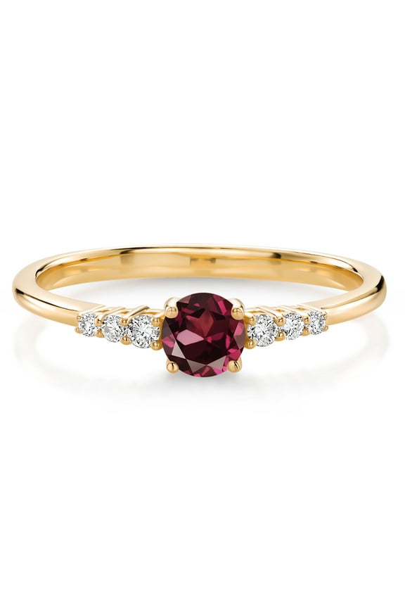 10K Yellow Gold Red Rhodolite Garnet and White Lab Grown Diamond Engagement Ring for Women (0.46 Cttw, Round 4MM, Gemstone January Birthstone, Available in Size 5, 6, 7, 8, 9)