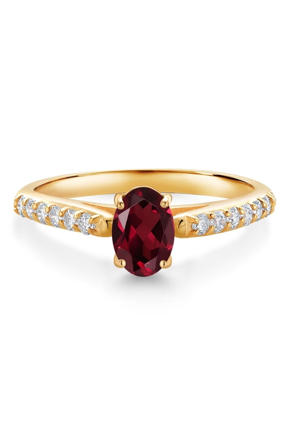 10K Yellow Gold Red Rhodolite Garnet and White Lab Grown Diamond Engagement Ring for Women (1.08 Cttw, Oval 7X5MM, Gemstone January Birthstone, Size 9)
