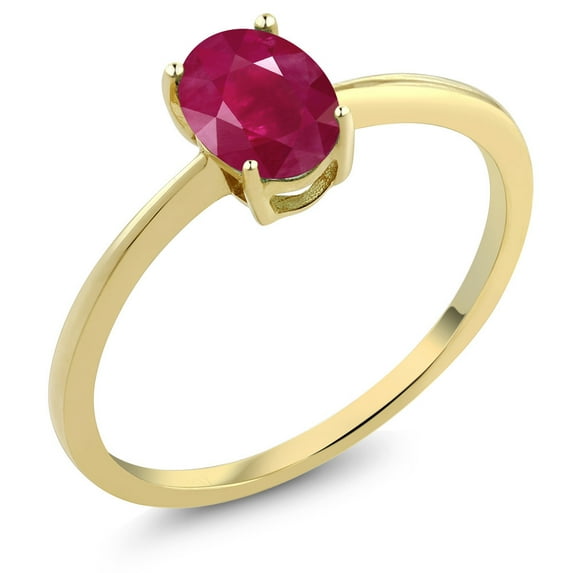 Gem Stone King 10K Yellow Gold Red Ruby Solitaire Engagement Ring for Women (1.02 Cttw, Oval 7X5MM, Gemstone July Birthstone, Size 7.5)