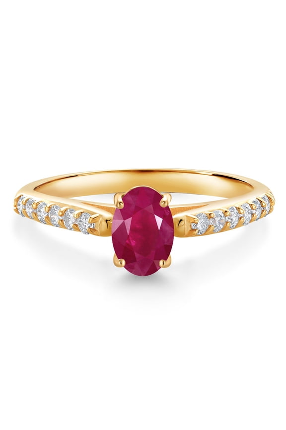 10K Yellow Gold Red Ruby and White Lab Grown Diamond Engagement Ring for Women (1.18 Cttw, Oval 7X5MM, Gemstone July Birthstone, Size 5)
