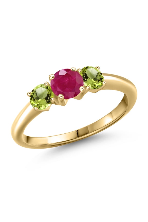 10K Yellow Gold Red Ruby and Green Peridot Engagement Ring for Women | 1.15 Cttw | Round 5MM | Gemstone July Birthstone | Size 5