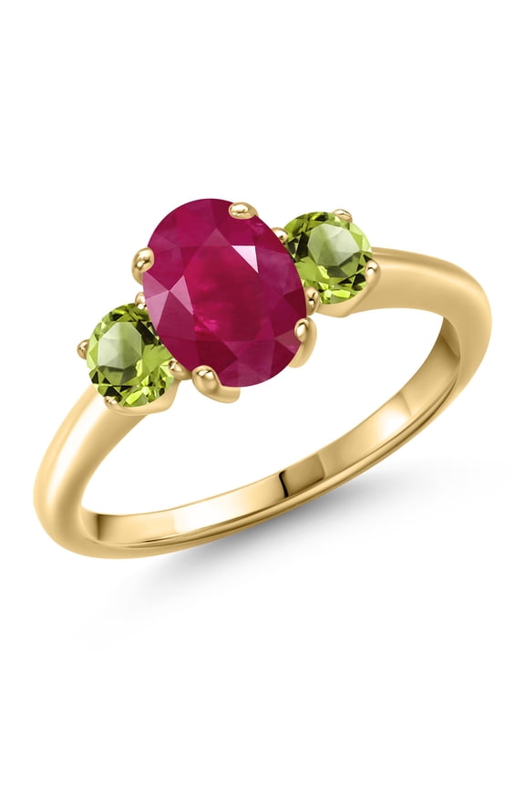 10K Yellow Gold Red Ruby and Green Peridot Engagement Ring for Women | 2.20 Cttw | Oval 8X6MM | Gemstone July Birthstone | Size 6