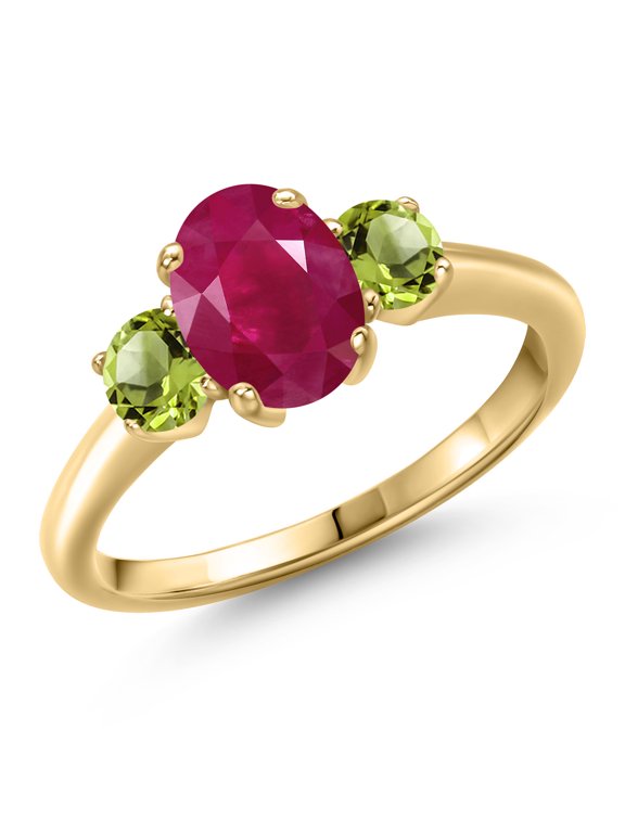 10K Yellow Gold Red Ruby and Green Peridot Engagement Ring for Women | 2.20 Cttw | Oval 8X6MM | Gemstone July Birthstone | Size 8
