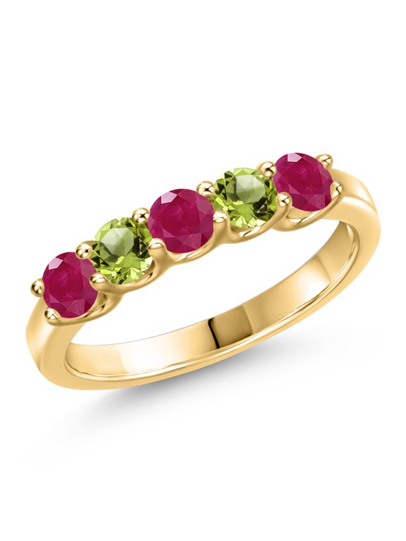 10K Yellow Gold Red Ruby and Green Peridot Wedding-Bands Ring for Women | 1.16 Cttw | Round 3.5MM | Gemstone July Birthstone | Size 7