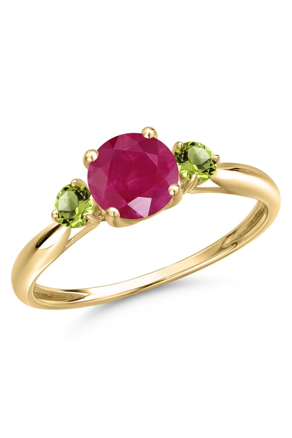 10K Yellow Gold Red Ruby and Green Peridot 3-Stone Ring for Women | 1.24 Cttw | Round 6MM | Gemstone July Birthstone | Size 5
